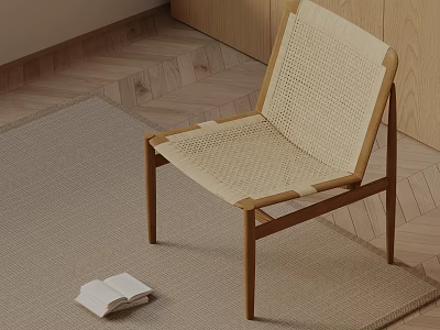 Minimalist Dining Chair With Wooden Frame Woven Seat Back On Light Carpet With Open Book 3d model