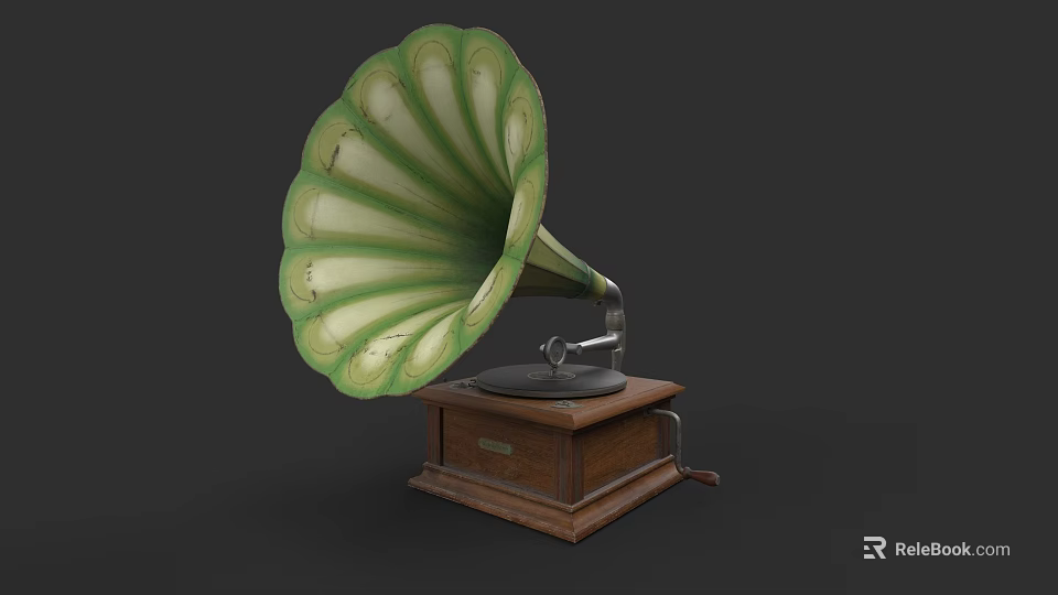 Vintage Green Horn Gramophone With Wooden Base Classic Retro Design 3d model 