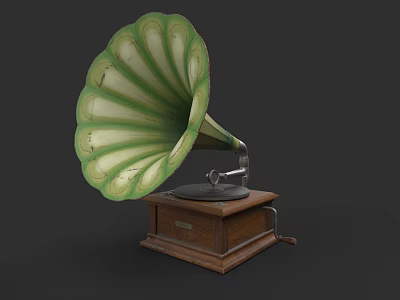 Vintage Green Horn Gramophone With Wooden Base Classic Retro Design 3d model