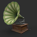 Vintage Green Horn Gramophone With Wooden Base Classic Retro Design