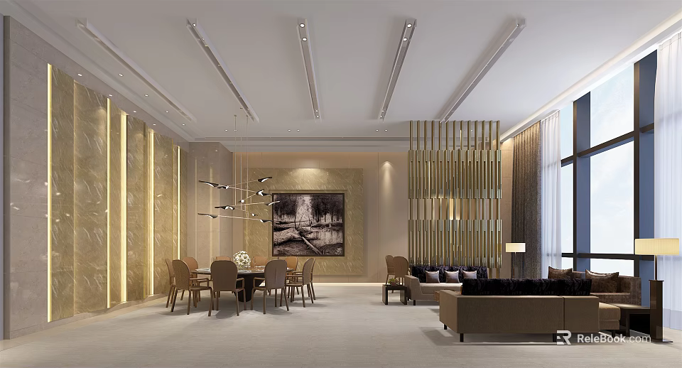 Elegant Box Interior Featuring Dining Table Sofa Modern Chandelier And Marble Walls 3d model