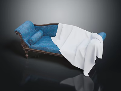 Blue Classic Sofa With Carved Wooden Legs Decorative Pillow And White Blanket 3d model