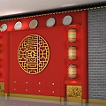 Traditional Chinese Red Background Wall With Golden Circular Pattern And Lantern Decorations 3d model