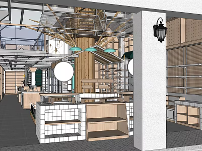 Modern Supermarket Department Store Interior With Wooden Shelves And Display Counters 3d model