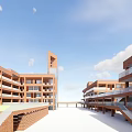 Red Brick Modern School Buildings With Classroom Structures Open Plaza Blue Sky And White Clouds