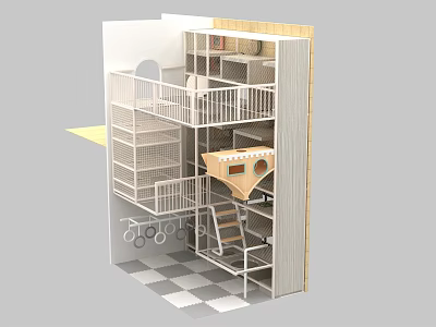 Multi Level Indoor Playground Equipment With Stairs Platforms Railings And Mesh Design 3d model