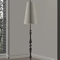 Black Floor Lamp With White Fabric Shade Near Window Blinds And Green Plant