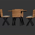 Modern Wooden Rectangular Dining Table Set with Six Chairs Light Colored Cushions and Black Legs 3d model