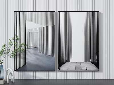 Black And White Modern Architecture Paintings On Wall With Green Plant 3d model