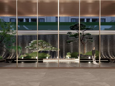 Garden Landscape in Modern Building With Glass Windows Pine Trees Water Feature And Stone Floor 3d model