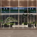 Garden Landscape in Modern Building With Glass Windows Pine Trees Water Feature And Stone Floor