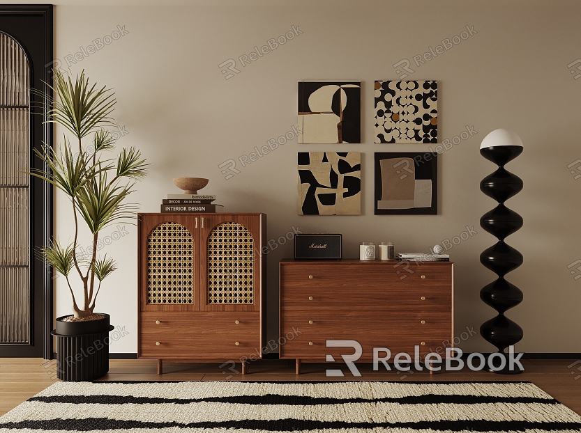 Low cabinet, bucket cabinet, decorative cabinet, finished cabinet, floor lamp, potted plant hanging picture model