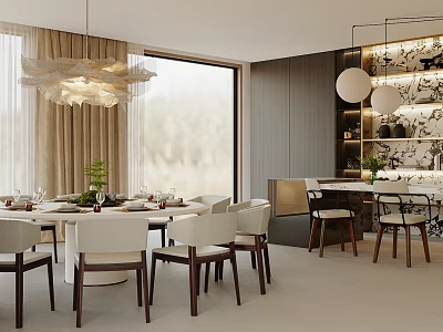 Modern Restaurant Interior With Round Dining Table White Chairs Stylish Pendant Light And Bar Counter 3d model