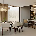 Modern Restaurant Interior With Round Dining Table White Chairs Stylish Pendant Light And Bar Counter