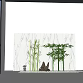 Lush Bamboo Grove with Stacked Rocks Small Pavilion and Light Marble Wall Background