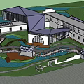 Modern Sales Office Building Geometric Roof Design With Waterfront Lawn And Wooden Deck