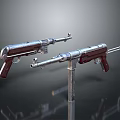 Pair of Vintage Guns With Wooden Grips And Metal Components Displayed On Stand 3d model