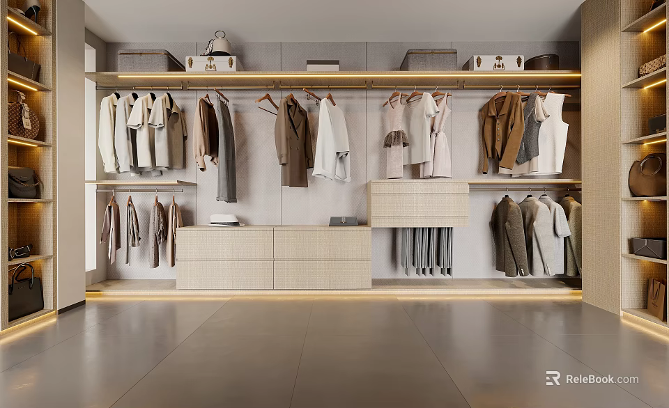 Modern Walk in Closet Interior With Hanging Clothes Storage Cabinets Drawers And Neutral Tones 3d model 