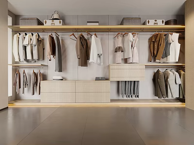 Modern Walk in Closet Interior With Hanging Clothes Storage Cabinets Drawers And Neutral Tones 3d model