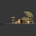 Open Treasure Chest With Gold Coins Wooden Barrels Burning Torches On Stone Platform