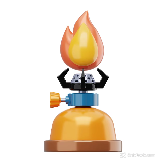 Mini Gas Burner With Orange Flame Black Stand Blue Knob And Yellow Base 3d model 