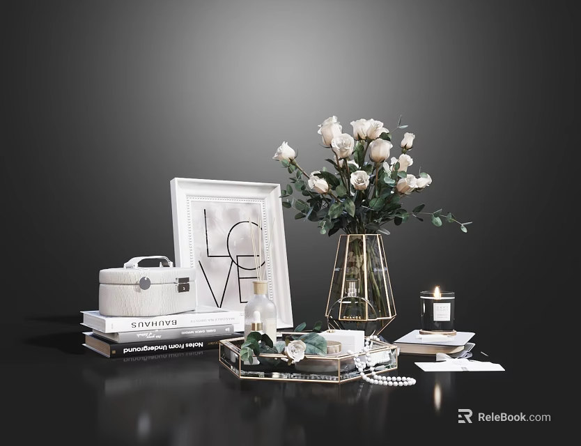 Elegant Decorative Ornament Set With White Roses Picture Frame Candle And Jewelry Tray On Books 3d model 