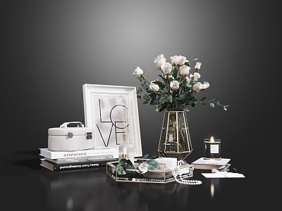 Elegant Decorative Ornament Set With White Roses Picture Frame Candle And Jewelry Tray On Books 3d model
