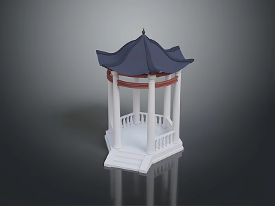 Traditional Gazebo With White Columns Blue Roof Red Accents Steps And Railing 3d model