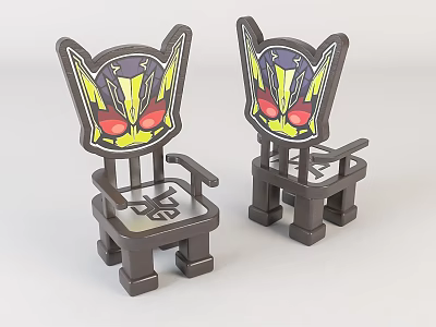 Cute Children's Chairs With Mask Like Backrest Dark Brown Frame And Colorful Cartoon Patterns 3d model