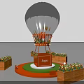 Blue Inflatable Hot Air Balloon Featuring Orange Frame Circular Platform Central Logo and Wooden Planters