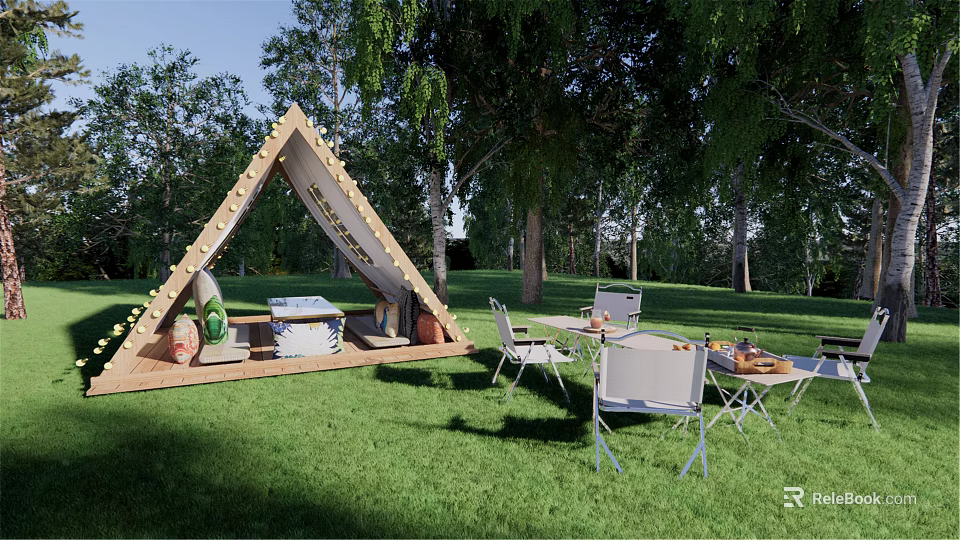 Garden Landscape With Triangle Canvas Tent Green Grass Shaded By Trees And Outdoor Furniture 3d model 
