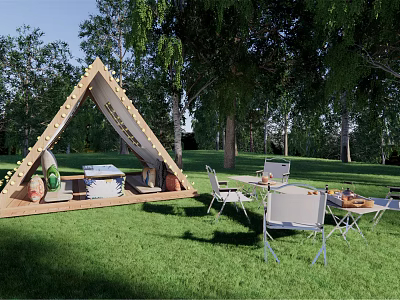 Garden Landscape With Triangle Canvas Tent Green Grass Shaded By Trees And Outdoor Furniture 3d model
