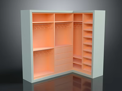 Open Corner Wardrobe Design Light Exterior Orange Interior Hanging Rods Drawers Shelves 3d model