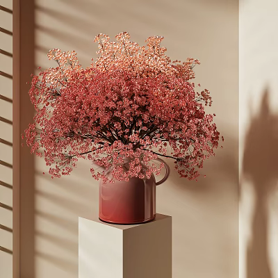 Red Vase With Pink Blooming Flowers On White Pedestal Beige Wall Soft Light And Shadow 3d model
