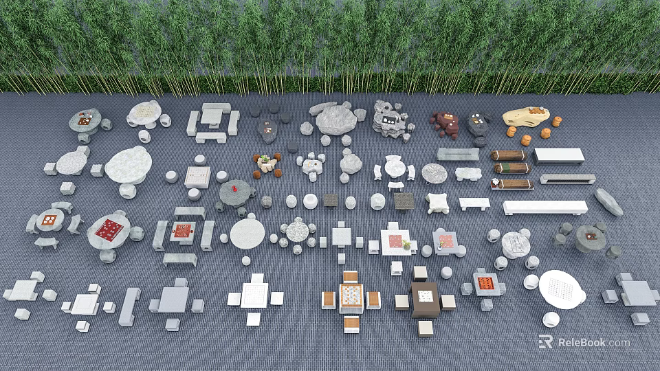 Various Table And Chair Sets With Different Shapes And Green Trees Background 3d model