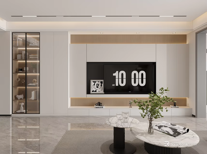 Modern Living Room Interior With TV Wall Marble Coffee Table And Green Plant Decor 3d model 