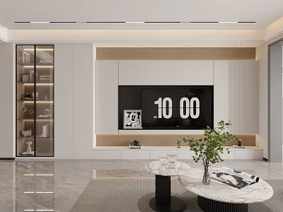Modern Living Room Interior With TV Wall Marble Coffee Table And Green Plant Decor 3d model