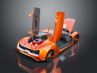 Orange Sports Car With Open Scissor Doors Exposed Red Engine Streamlined Body Black Alloy Wheels 3d model