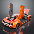 Orange Sports Car With Open Scissor Doors Exposed Red Engine Streamlined Body Black Alloy Wheels