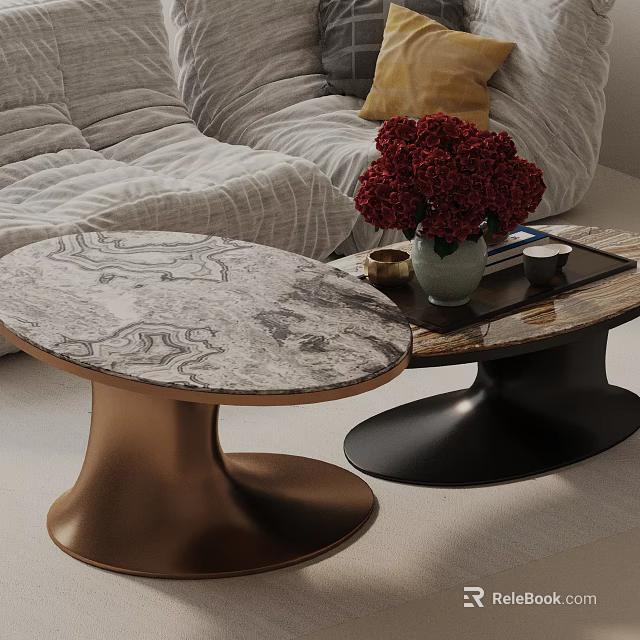Modern Light Gray Fabric Sofa with Marble Top Coffee Tables and Red Flower Arrangement 3d model 