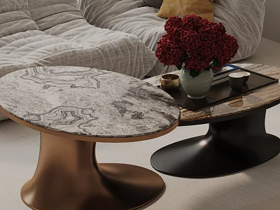 Modern Light Gray Fabric Sofa with Marble Top Coffee Tables and Red Flower Arrangement 3d model