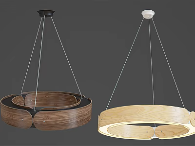 Modern Wooden Chandeliers With Circular Design In Dark And Light Wood Tones Suspended By Wires 3d model