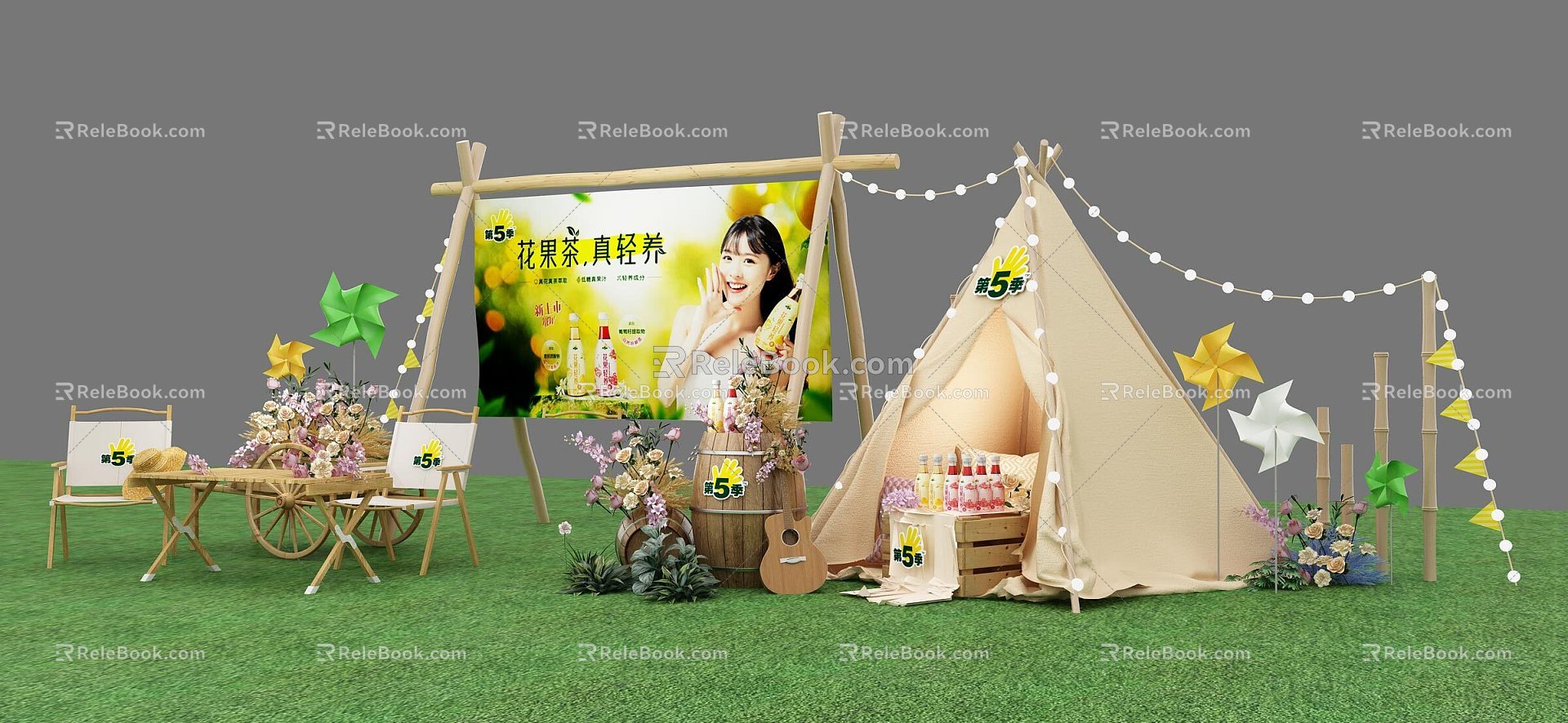 Camping Tent Trolley Folding Chair Outdoor Paper Windmill Wine Barrel Floral Light Band Guitas 3d model