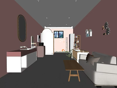 Specialty Store Modern Interior With Sofa Coffee Table Bookshelf Mirror And Decorative Plants 3d model