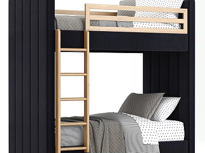 Modern Bunk Bed With Wooden Ladder Black Frame And Cozy Gray Bedding 3d model