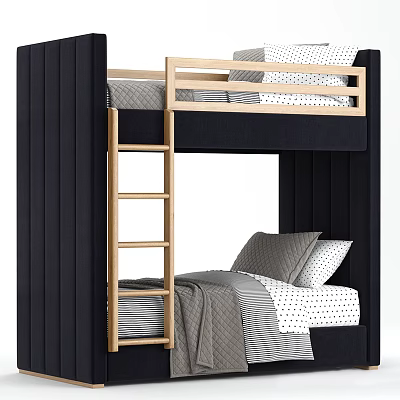 Modern Bunk Bed With Wooden Ladder Black Frame And Cozy Gray Bedding 3d model