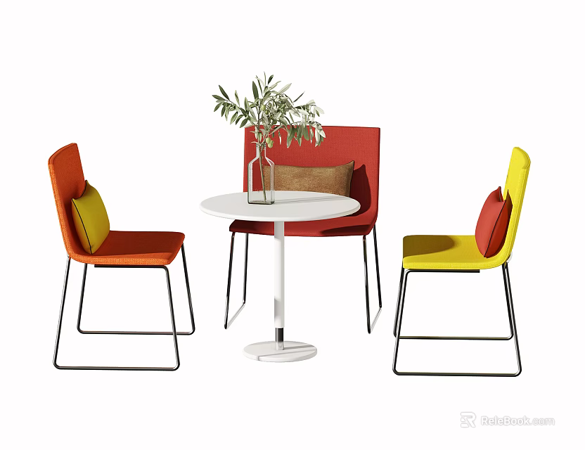 Modern Colorful Round White Table and Chairs Set with Orange Red Yellow Seats and Potted Plant 3d model 