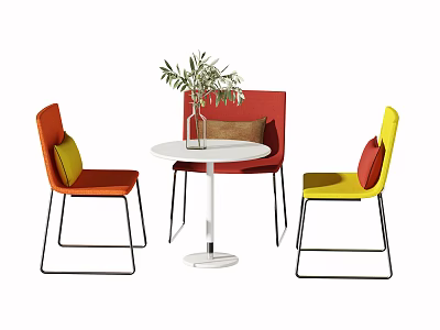 Modern Colorful Round White Table and Chairs Set with Orange Red Yellow Seats and Potted Plant 3d model