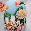 Artistic Floral Display In White Box With Brown Handle Circular Cutout And Open Mesh Lid
