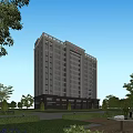Modern Tall Hospital Building With Glass Windows And Green Tree Surroundings